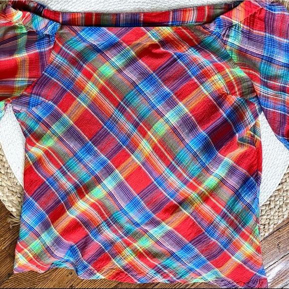 Ralph Lauren 90s y2k Plaid Off Shoulder Blouse Colorful Checkered Preppy - Picture 8 of 16
